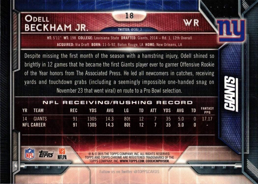 2015 Topps Chrome #18 Odell Beckham Jr. Football Card - The Catch