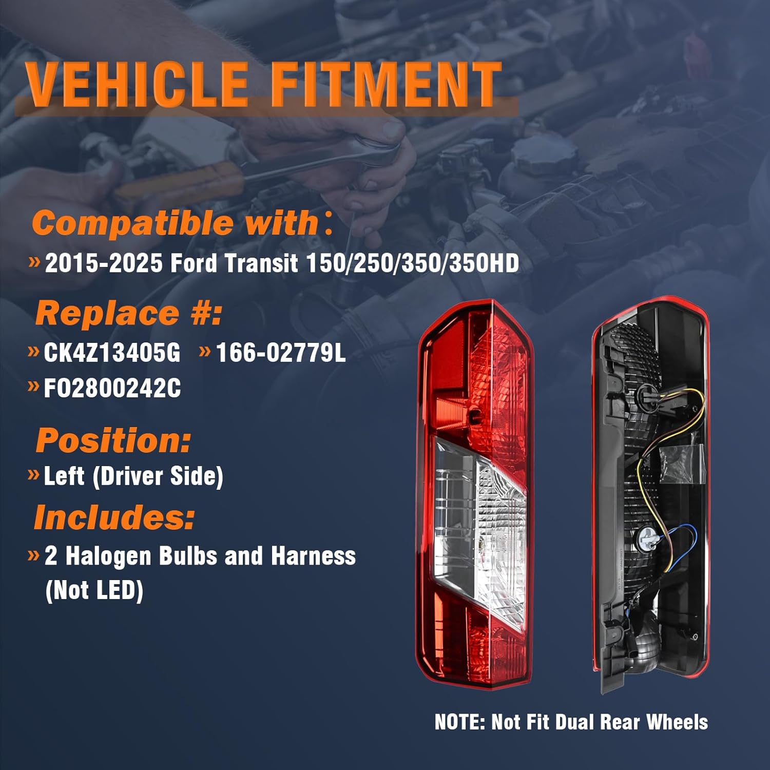Left Driver Side Tail Light Assembly Compatible With 2015-2025 Ford Transit 150 250 350 350HD Rear Lamp with Bulbs and Harness Replace OE# CK4Z13405G 166-02779L FO2800242C