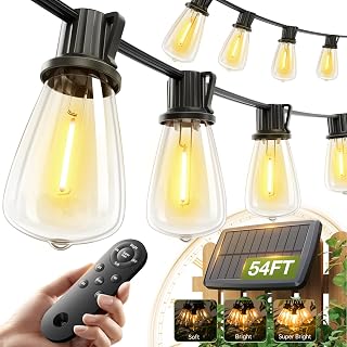 addlon 54FT Solar String Lights Waterproof with Remote, USB Charging, Shatterproof Bulbs, 3 Modes for Patio Backyard Camping Garden
