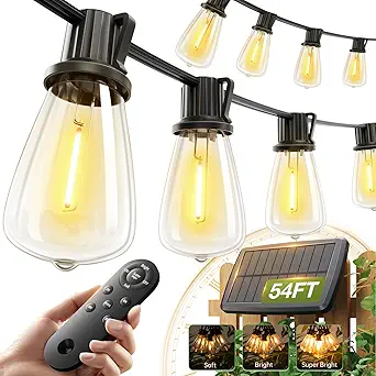 Addlon 54ft Solar String Lights with Remote & USB Charging, Waterproof, Shatterproof Bulbs, 3 Light Modes, Dimmable