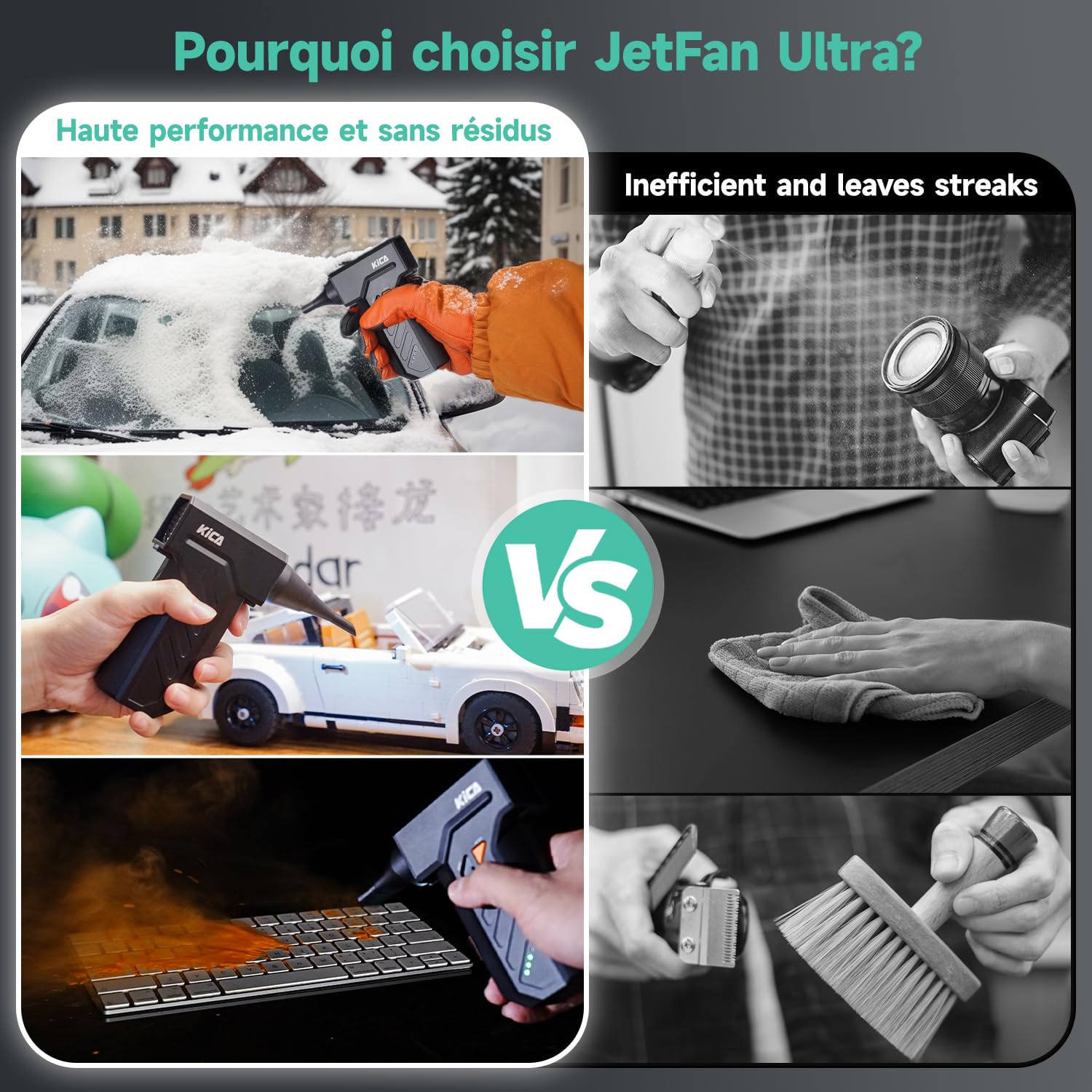 Kica JetFan Ultra Souffleur à air électrique & spray à air comprimé – 130 000 tr/min, vitesse du vent 48 m/s, USB rechargeable, air duster pour PC, clavier, voiture, canapé et bureau avec éclairage