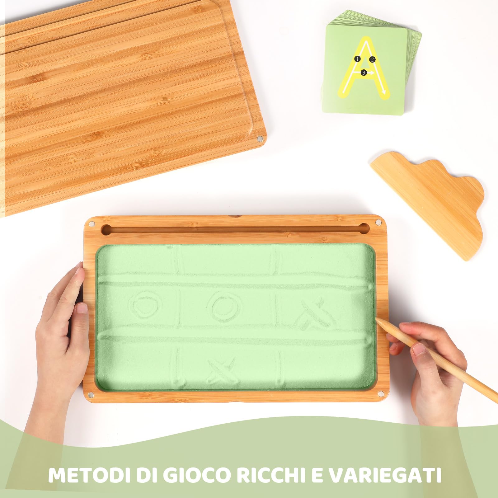 AtMini Montessori, tavolo di sabbia per allenamento precoce scrittura e disegno giocattolo in legno Montessori tavolo di sabbia giocattolo educativo per lo sviluppo motorio precoce nei bambini (verde)