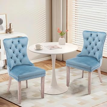 Dining Table and Dining Chair Set 31.5" White Round Table&2 Velvet Upholstered Wooden Legs Chairs for Kitchen Dining Room Small Space 3 Piece Dining Table and Chair SetSky Blue