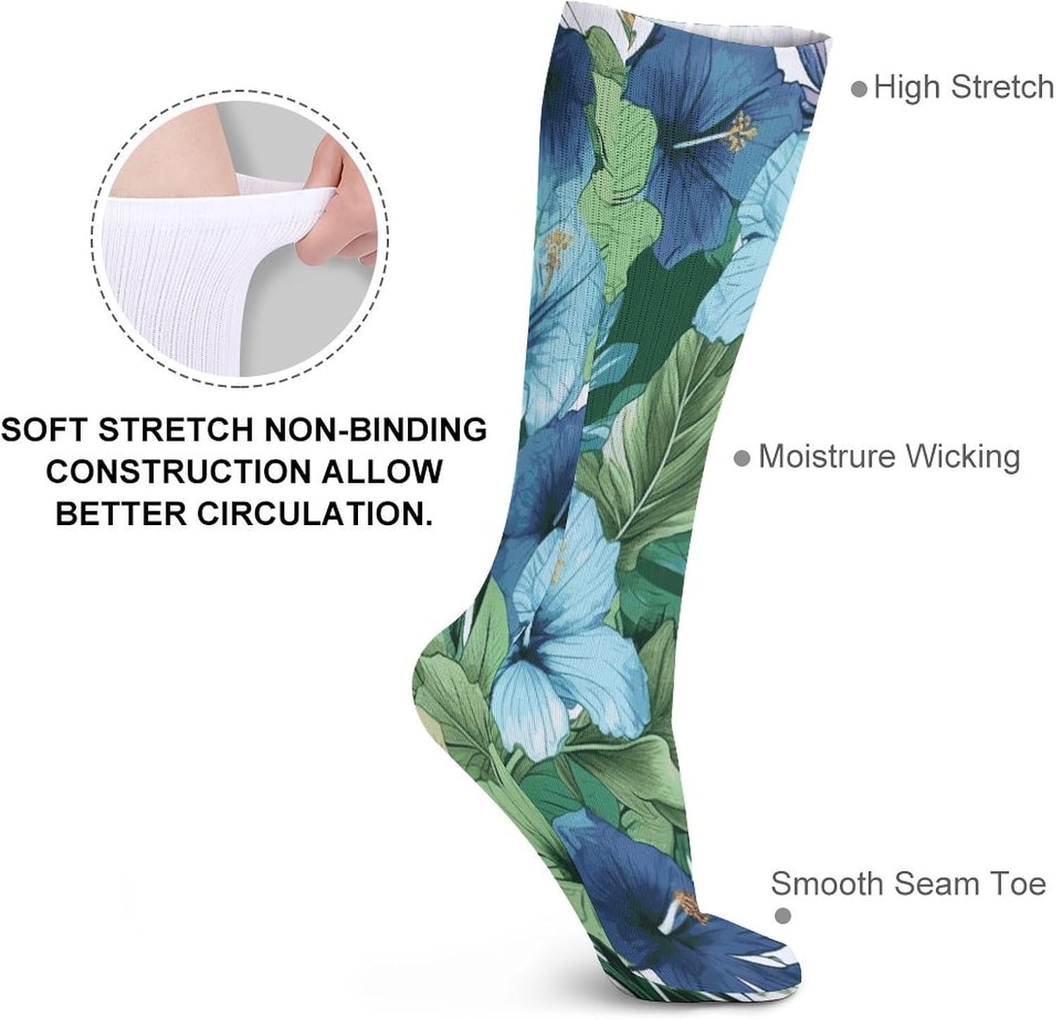 Green And Blue Hibiscus Flowers Stocking - Cute Casual Long Athletic,Crew Sock for Men Women,Running Socks Soft Breathable for Gift