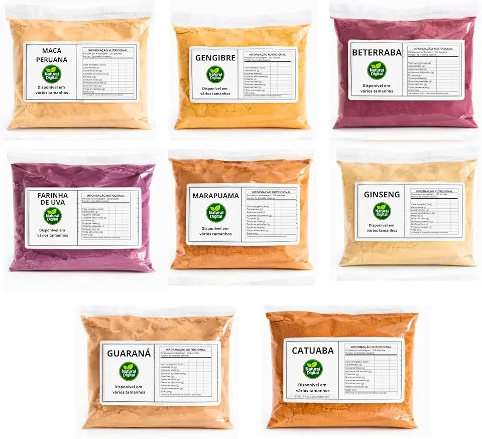Combo Energético Natural com Beterraba, Uva, Ginseng, Gengibre, Maca Peruana, Guaraná, Catuaba, Marapuama - 800 Gramas (100 Gramas de Cada)