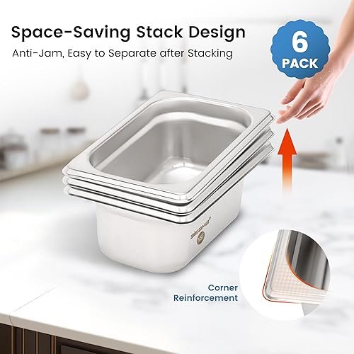 Miniatura 4 de BIEAMA Paquete de 6 bandejas de hotel, 12 tamaño 2.6 "de profundidad, NSF, bandeja comercial de acero inoxidable, bandeja de mesa de vapor, bandeja