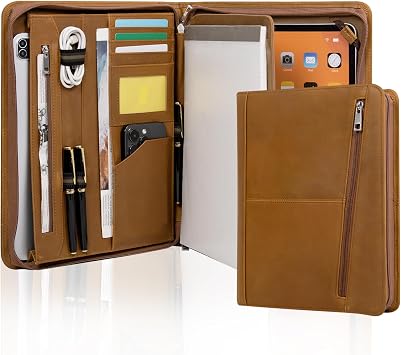 Professional Slim Padfolio Organizer Genuine Leather Compact Portfolio Case with Letter Size A4 Paper Notepad, Business Carrying Case 10.2"/10.5"/11" iPad Pro/Air 3, Vintage
