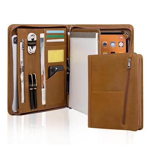 AZXCG Leather Portfolio Organizer for Men, Professional Padfolio Folio with A4/Legal Pad Holder, Business Resume Zippered Portfolio, Tablet Case for iPad Pro 12.9", Gift for Women/Men, Brown