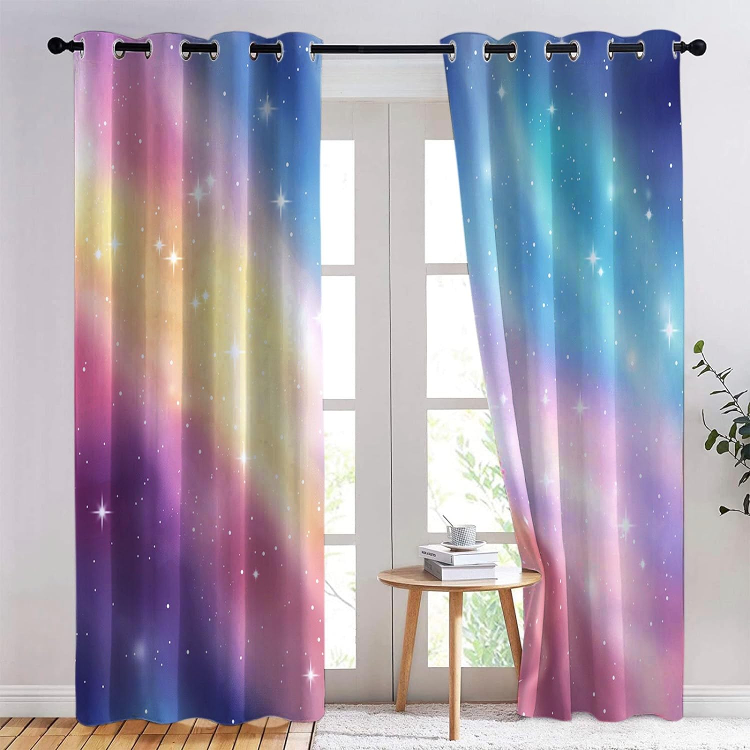Kinder Vorhänge Regenbogen-Farbverlauf Ösen Gardinen mit Blickdichte Thermo Vorhang Kälteschutz Blackout Curtain Kinderzimmer Schlafzimmer Ösenvorhang Ätherische skurrile Fantasie H 260 x B140cm x2