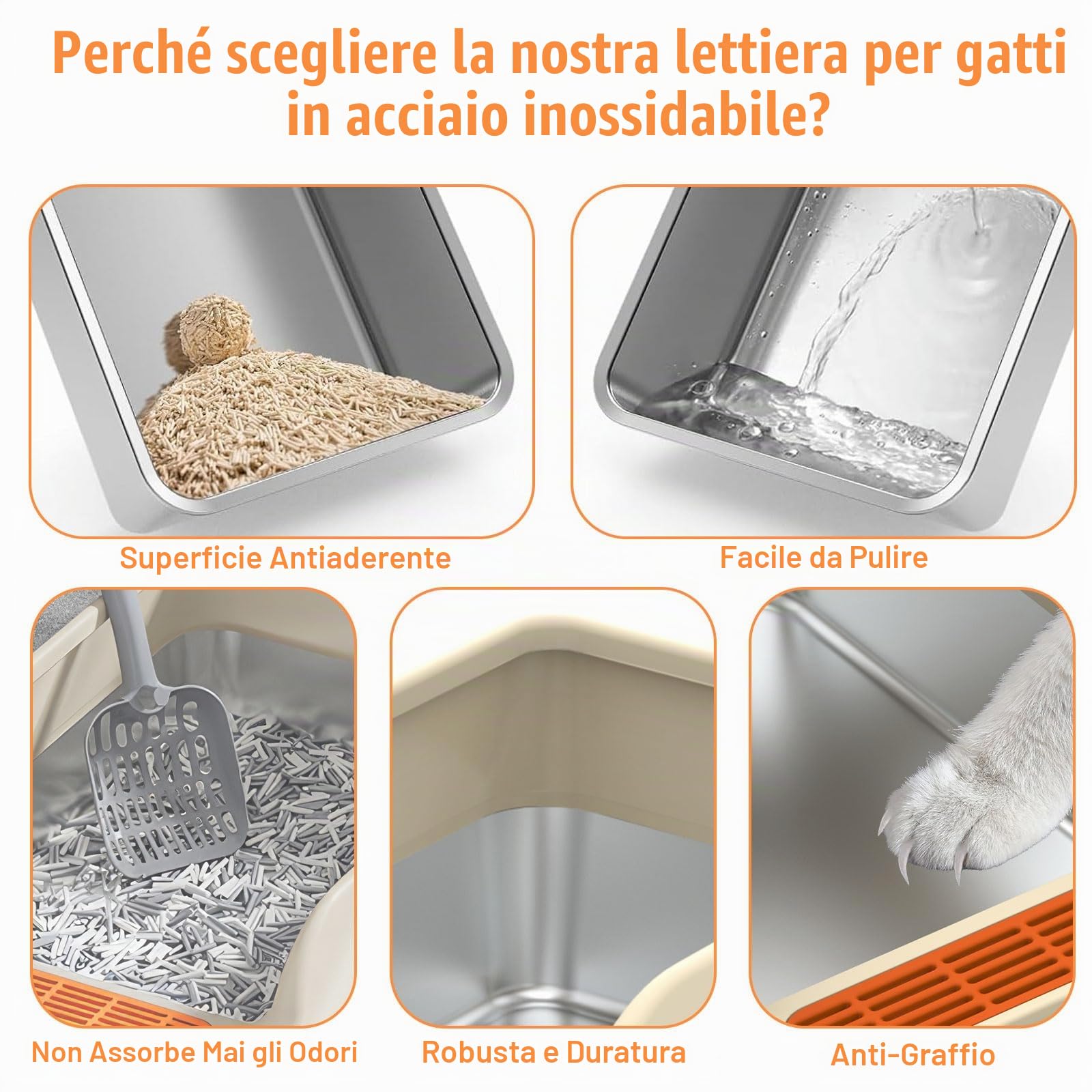 Lettiera in acciaio inox, vassoio per lettiera, per gatti, casa e toilette, XXL, semi-chiuso, con protezione contro schizzi, bordo rimovibile e tappetino per lettiera, 50x35x25 cm, resistente agli (A)