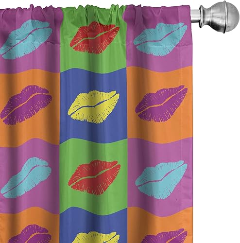 Miniatura 68 de Ambesonne - Cortinas retro para ventana, estilo de los años sesenta y setenta, diseño simétrico repetido de forma redonda geométrica, juego de 2