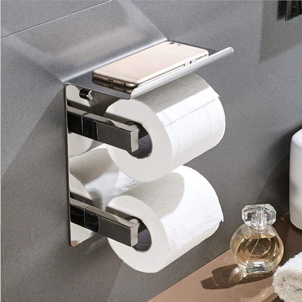 Stojak na papier toaletowy, uchwyt na papier toaletowy, podwójny uchwyt na papier toaletowy Chrom, podwójny uchwyt na papier toaletowy ze stali nierdzewnej z półką na telefon, montowany na ścianie