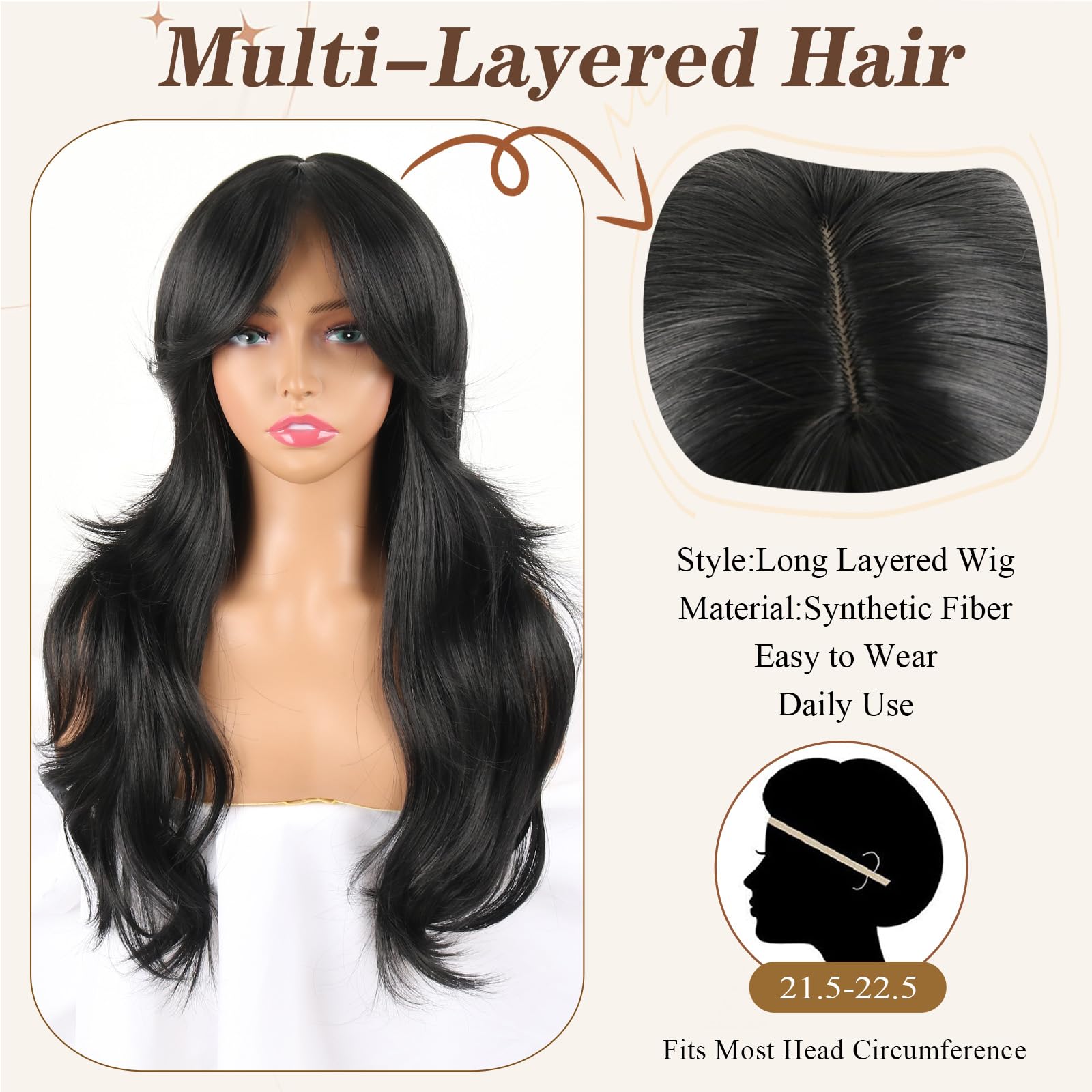 Amazon.com : Mayouda Black Layered Wig With Curtain Bangs  display picture 3