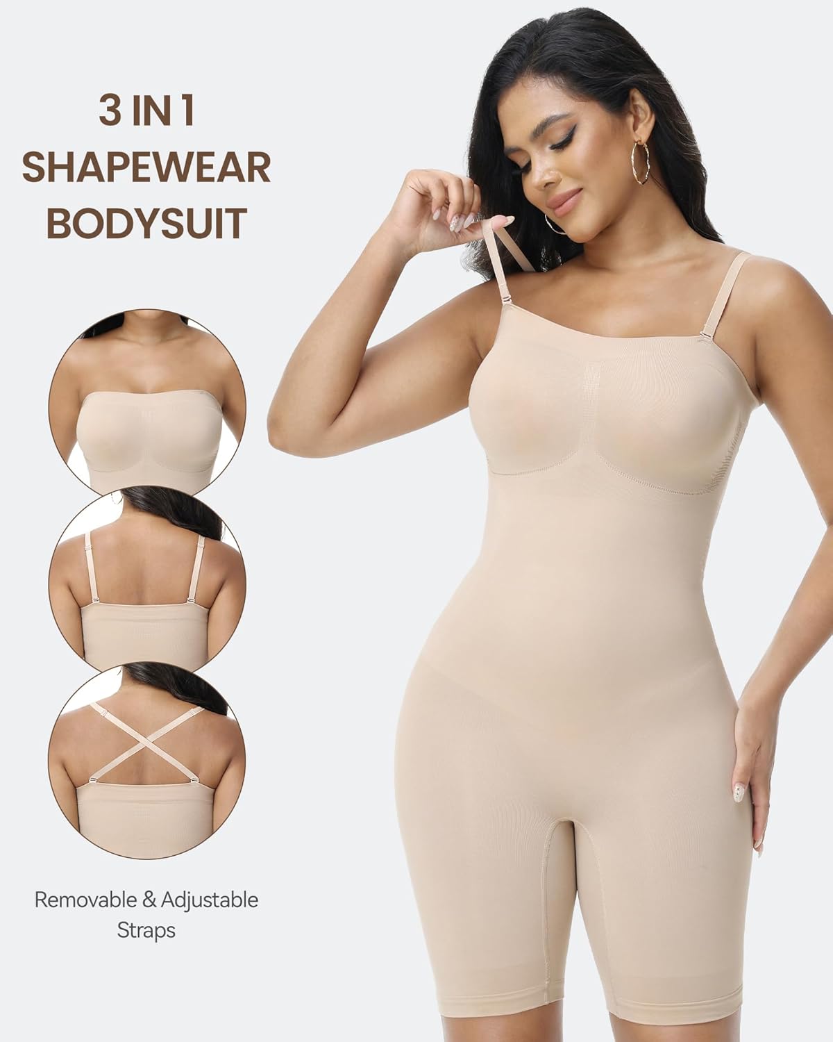 Strapless Shapewear Tummy Control Bodysuit for Women Underdress Seamless Full Body Shaper with Removable Straps - Image 2