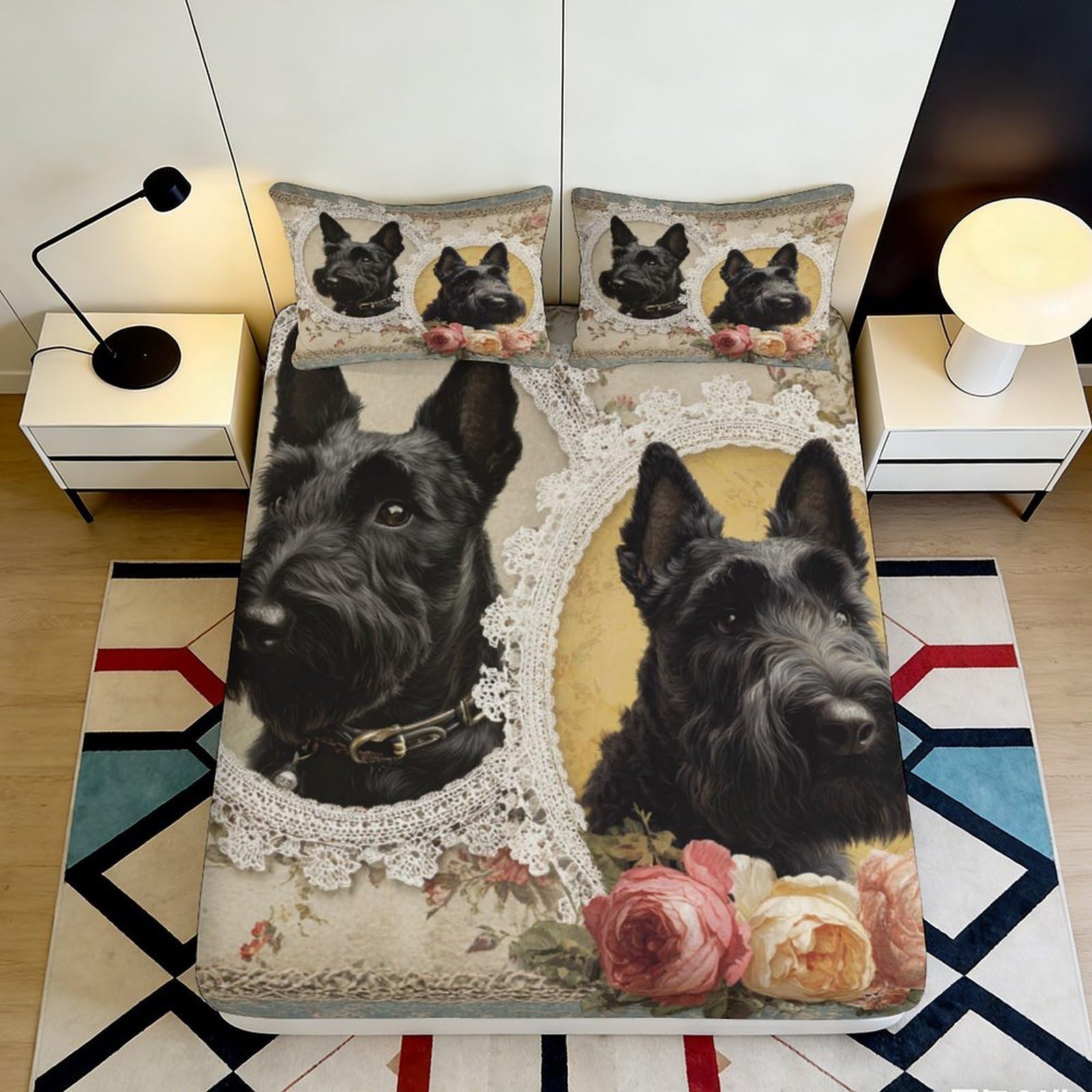 Dhbaneiok Style-4 3D Printed Black Dog Portrait Fitted Sheet Microfiber Soft Breathable Floral Bed Cover For Bedroom Guest Room Decor 90X200x25cm