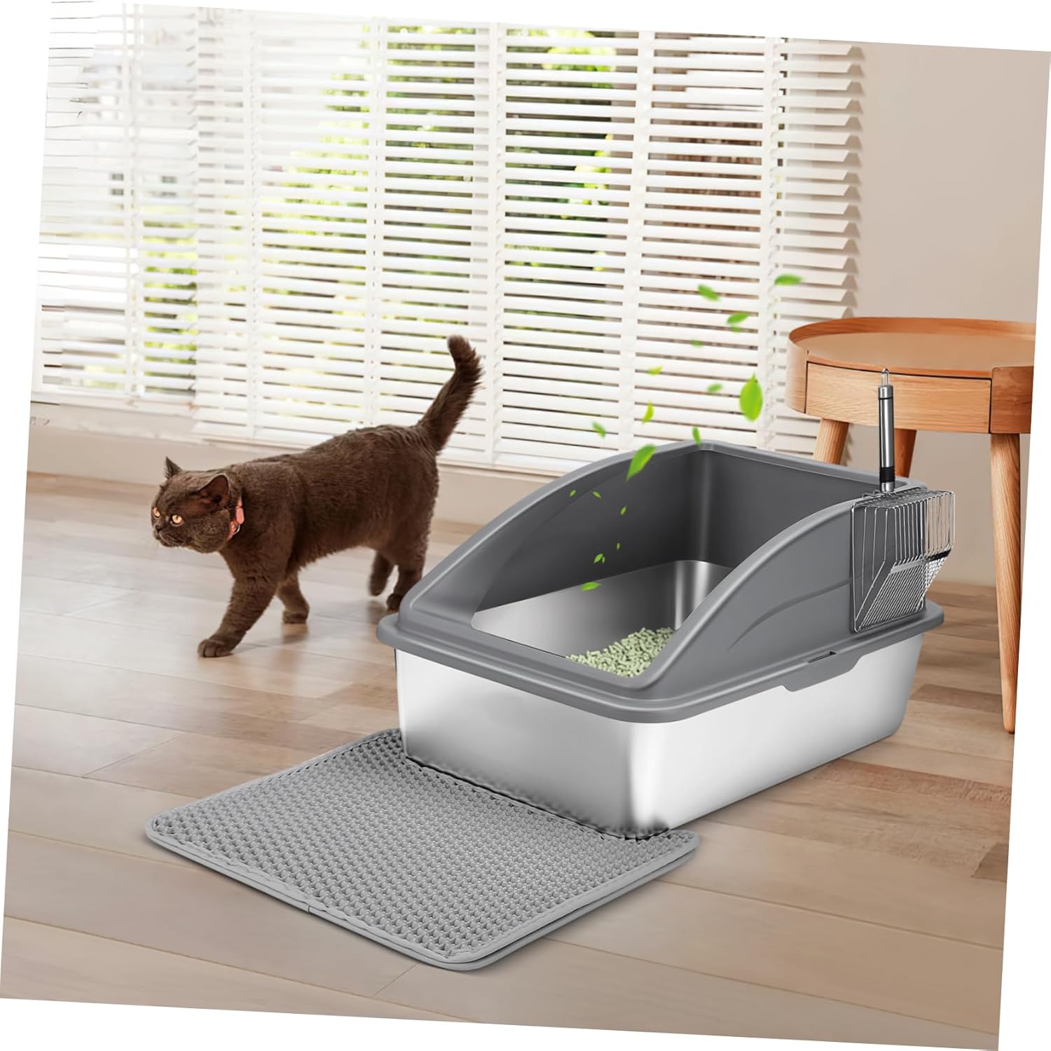 Kisangel 1set Extra Large Stainless Steel Cat Litter Box with High Sides Easy to Deep Litter Box for Indoor and Non-Stick Mat Modern