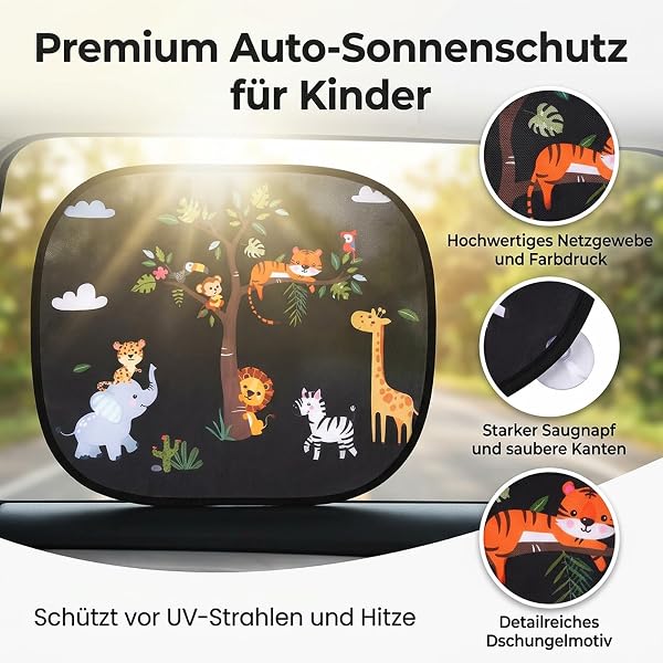 2 Stück Auto Sonnenschutz Baby Kinder mit UV Schutz, Sonnenblende Auto für täglichen Schutz, 44x36 cm mit 8 Saugnäpfen & Süßen Tier Motiven (Forest Animals) - 3