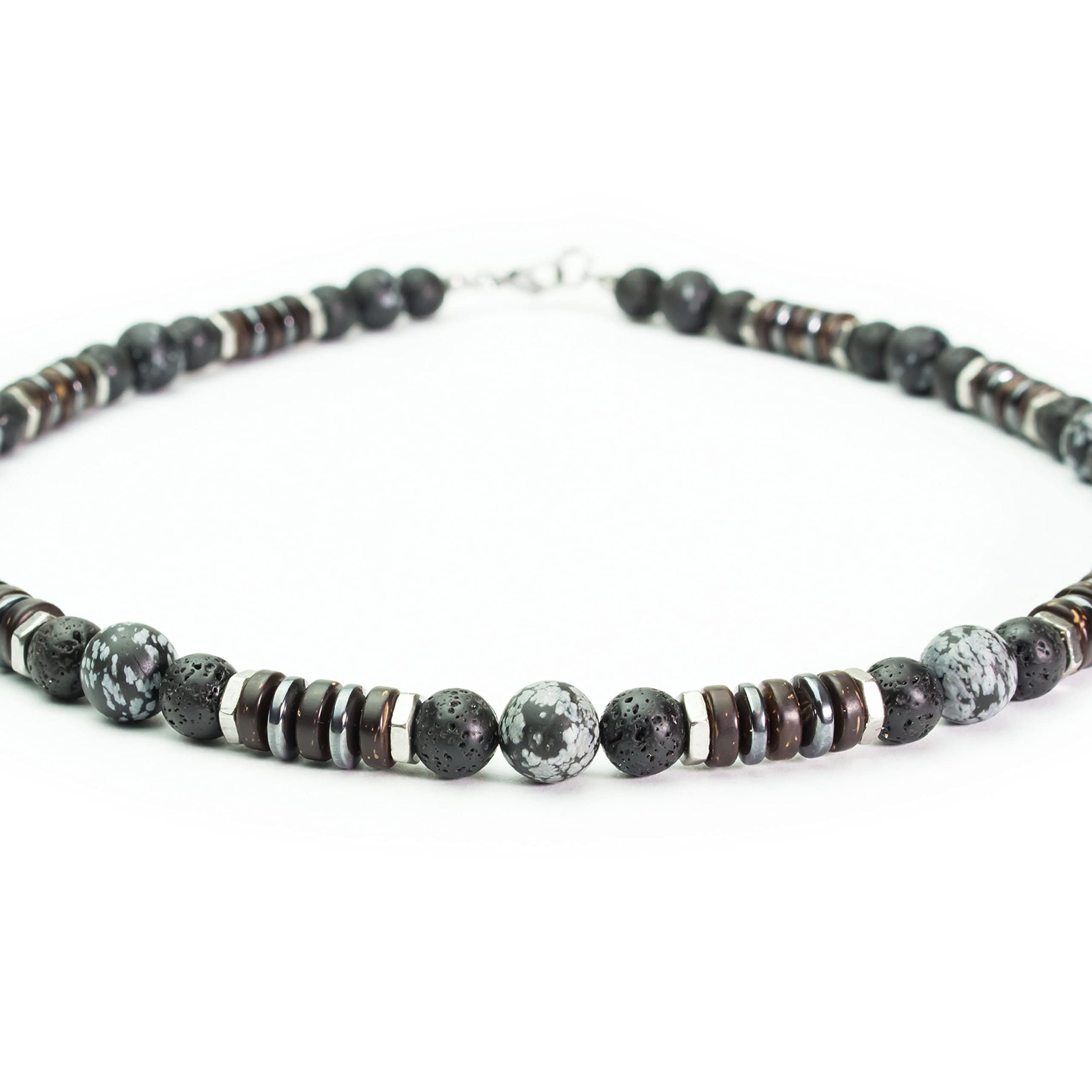Collier Homme perles Ø8-10mm pierre Obsidienne Flocon de Neige Lave Volcanique (Vesuvianite) bois coco hématite métal inoxydable couleur argent