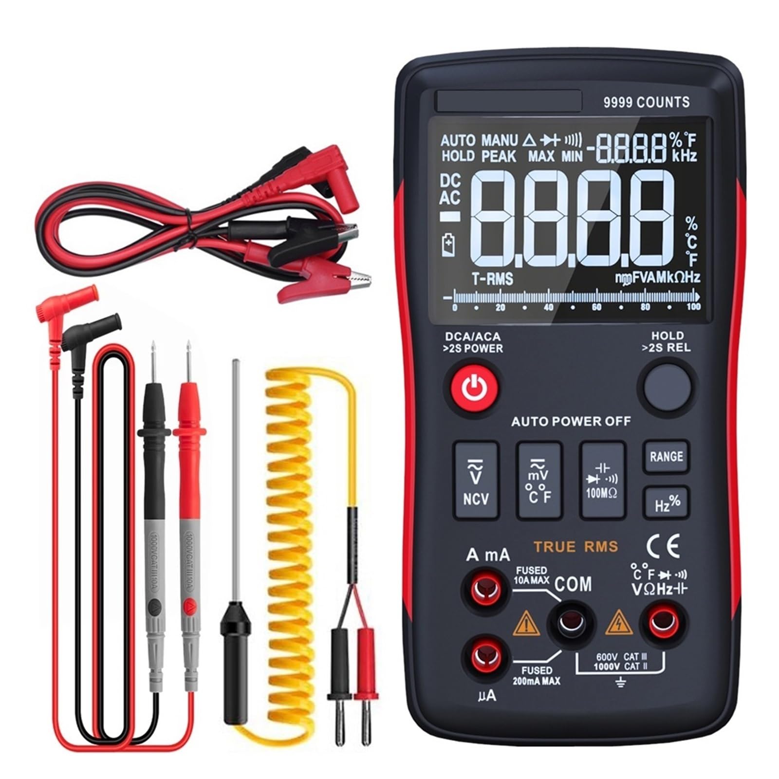 Multimetr Cyfrowy 102A Auto Zakres EBTN LCD DC AC Woltomierz Amperomierz Kondensator Prądu Ohm Temp NCV Tester Szybko Dokładnie Łatwy Odczyt(A)