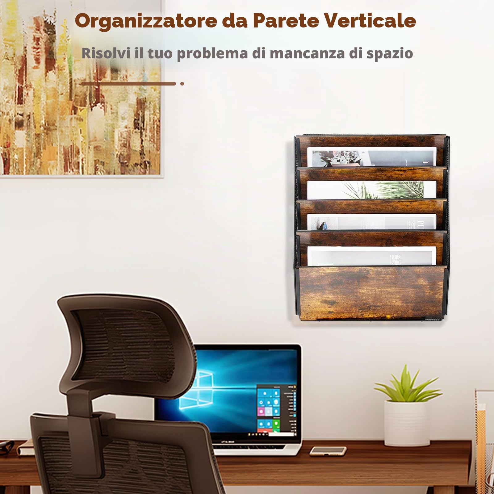 TQVAI Organizer Documenti Parete, 5 Ripiani Metallo Legno Portariviste Parete Scaffale per Documenti A4 Organizzatore Scrivania Ufficio Casa, Antico/Nero
