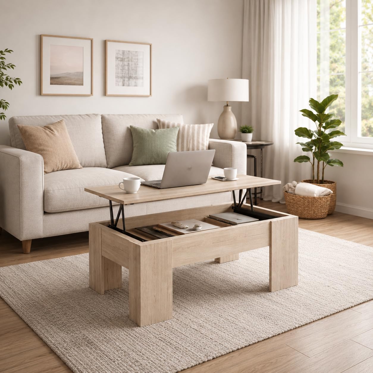 Table Basse relevable Bois Clair. 100 x 45 x 50 cm. Table de Salon avec Compartiment Moderne. Table Basse avec Plateau relevable
