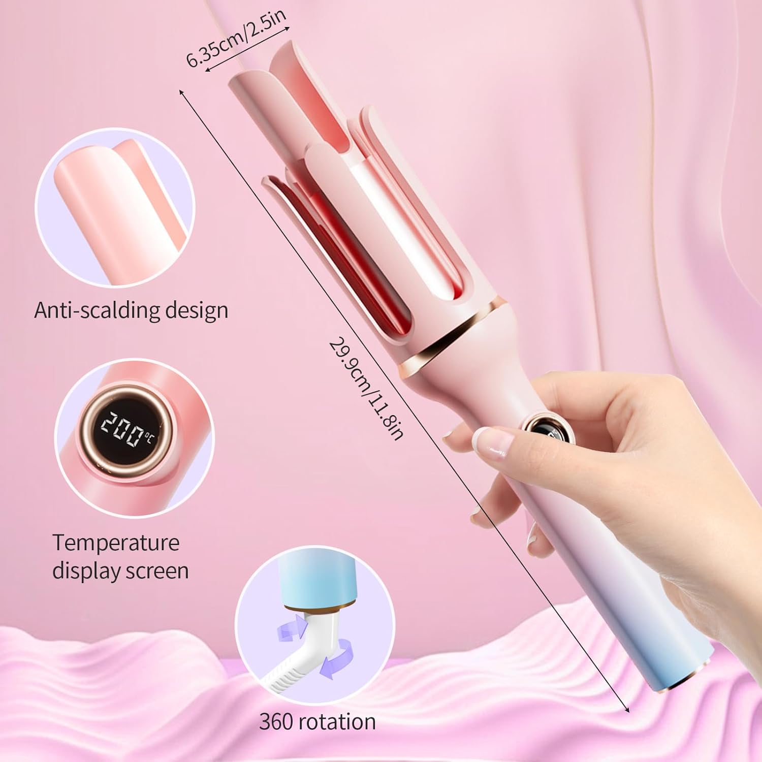 Velasko Rotating Curling Iron, Extended Barrel 1.25 Inch Anion Self Curling Hair Curler, Electric Anti-scald Portable Hair Curler, Fast Heating for Long and Short Hair Styling, Gradient Pink