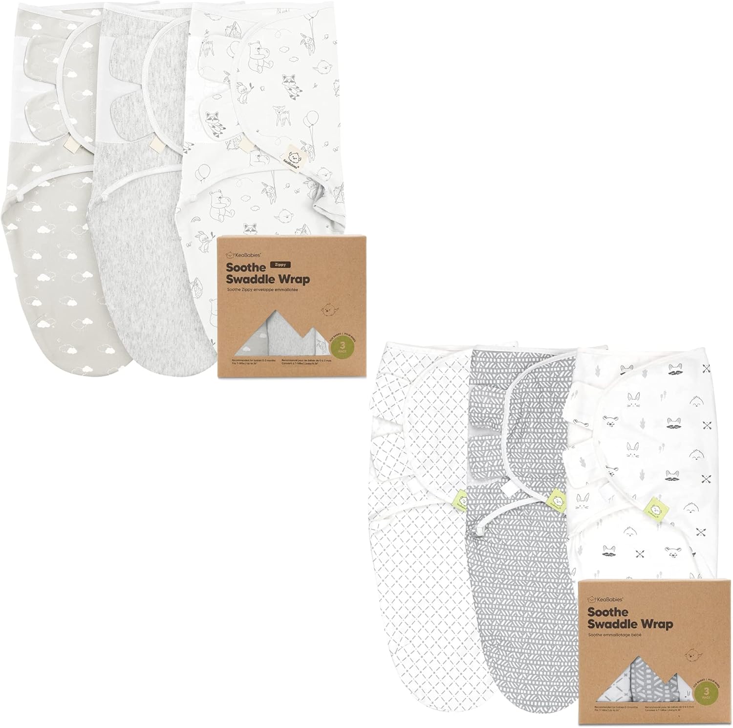 KeaBabies 3Pack Baby Swaddle Sleep Sacks with Zipper and 3