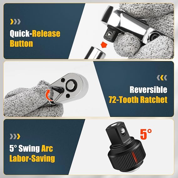 YIYEIE 6-Piece Flex Head Ratchet Set, 1/4, 3/8, 1/2 Drive, Swivel Head Ratchet Wrench with Extension Bar, 72 Tooth, 180 Adjustable, Quick-Release, Flexible Ratchet Handle with EVA Foam
