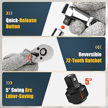 YIYEIE 6-Piece Flex Head Ratchet Set, 1/4, 3/8, 1/2 Drive, Swivel Head Ratchet Wrench with Extension Bar, 72 Tooth, 180 Adjustable, Quick-Release, Flexible Ratchet Handle with EVA Foam