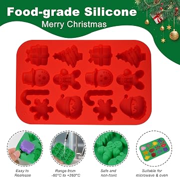 2PCS Christmas Silicone Molds,Chocolate Candy Moulds,3D Xmas Tree Snowflake Cane Gingerbread Man Snowman Santa Claus Shape Mold Candy for Chocolate Gummy Soap(Red and Green)