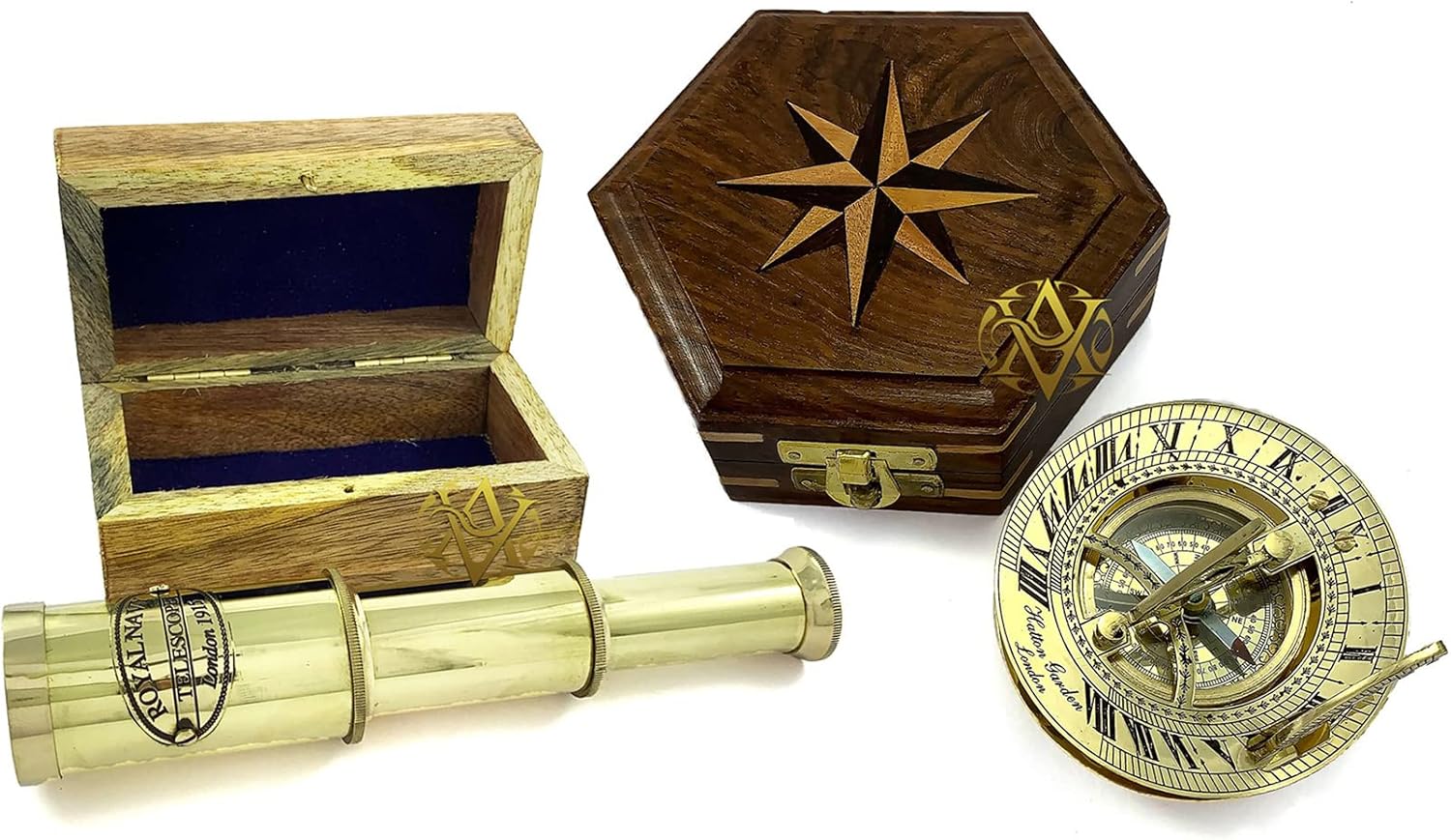 Solid Brass Royal Navy Telescope in Wooden Box & Shiny Brass Sundial Compass in Vintage Box Decor Gifts
