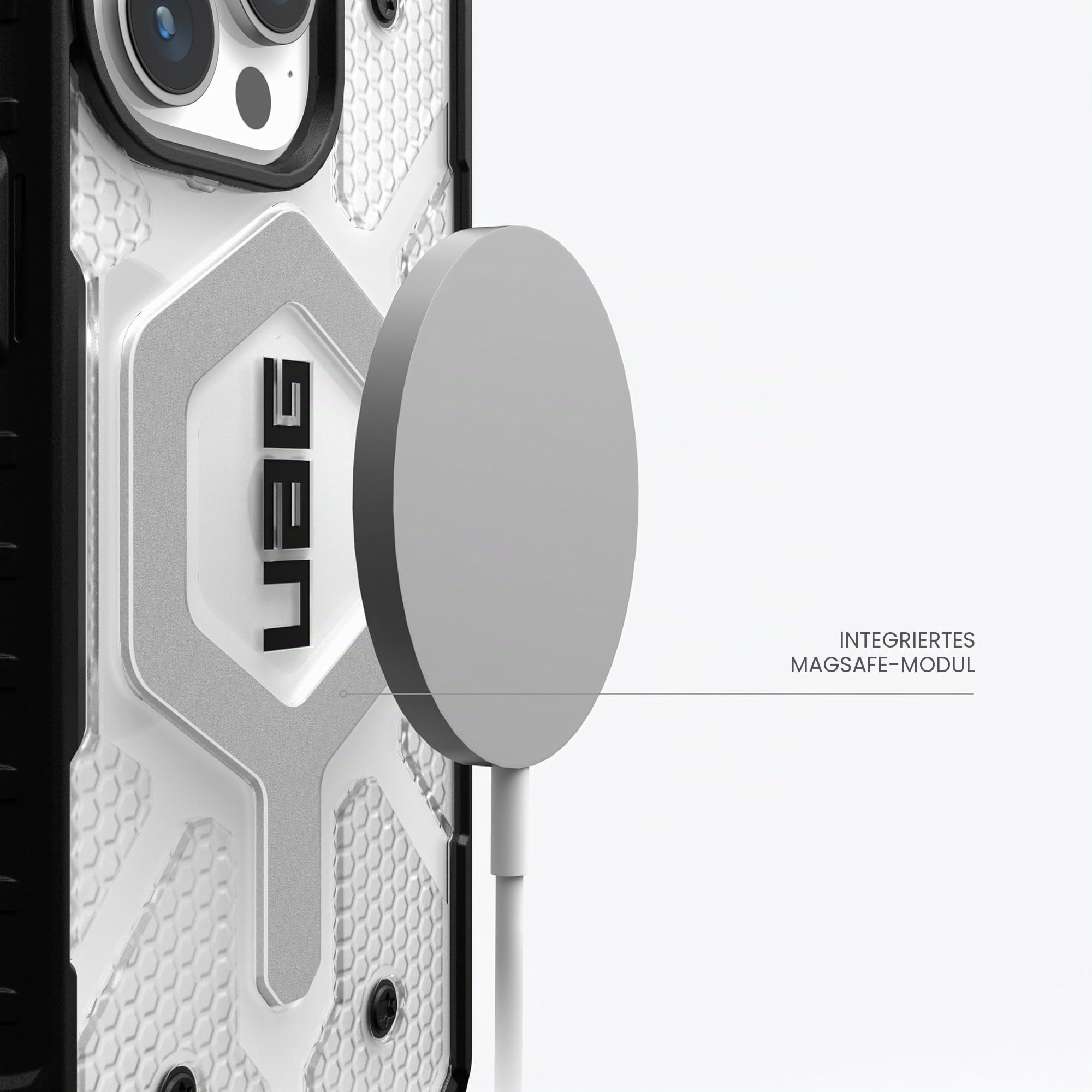 URBAN ARMOR GEAR UAG [Aktualisierte Ver] Kompatibel mit iPhone 15 Pro Max Hülle 6,7 Zoll Pathfinder Clear Ice/Silver Eingebauter Magnet Kompatibel mit MagSafe Charging Rugged Transparent Schutzhülle