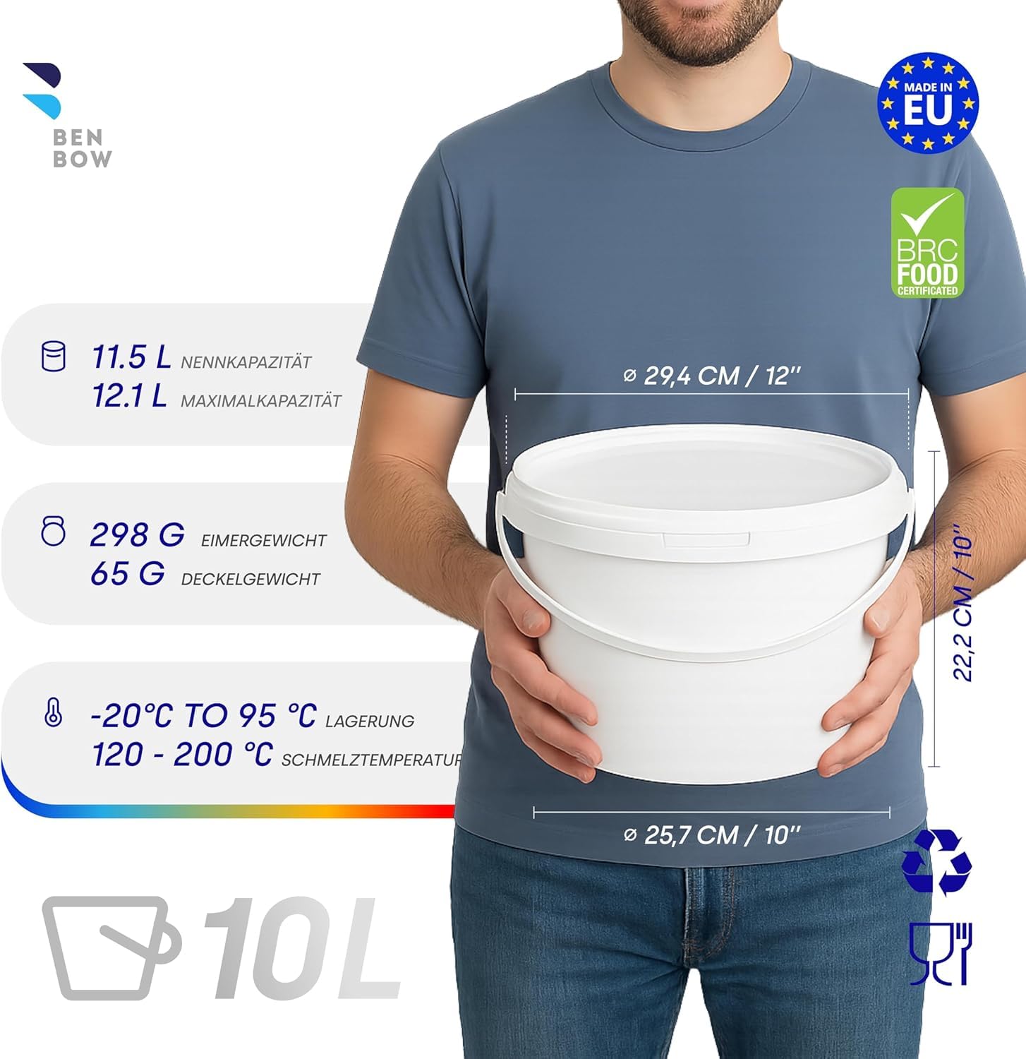 10 Liter Eimer mit Deckel, weiß, stapelbar, mit Lebensmittelfreigabe Set, 20 Stück