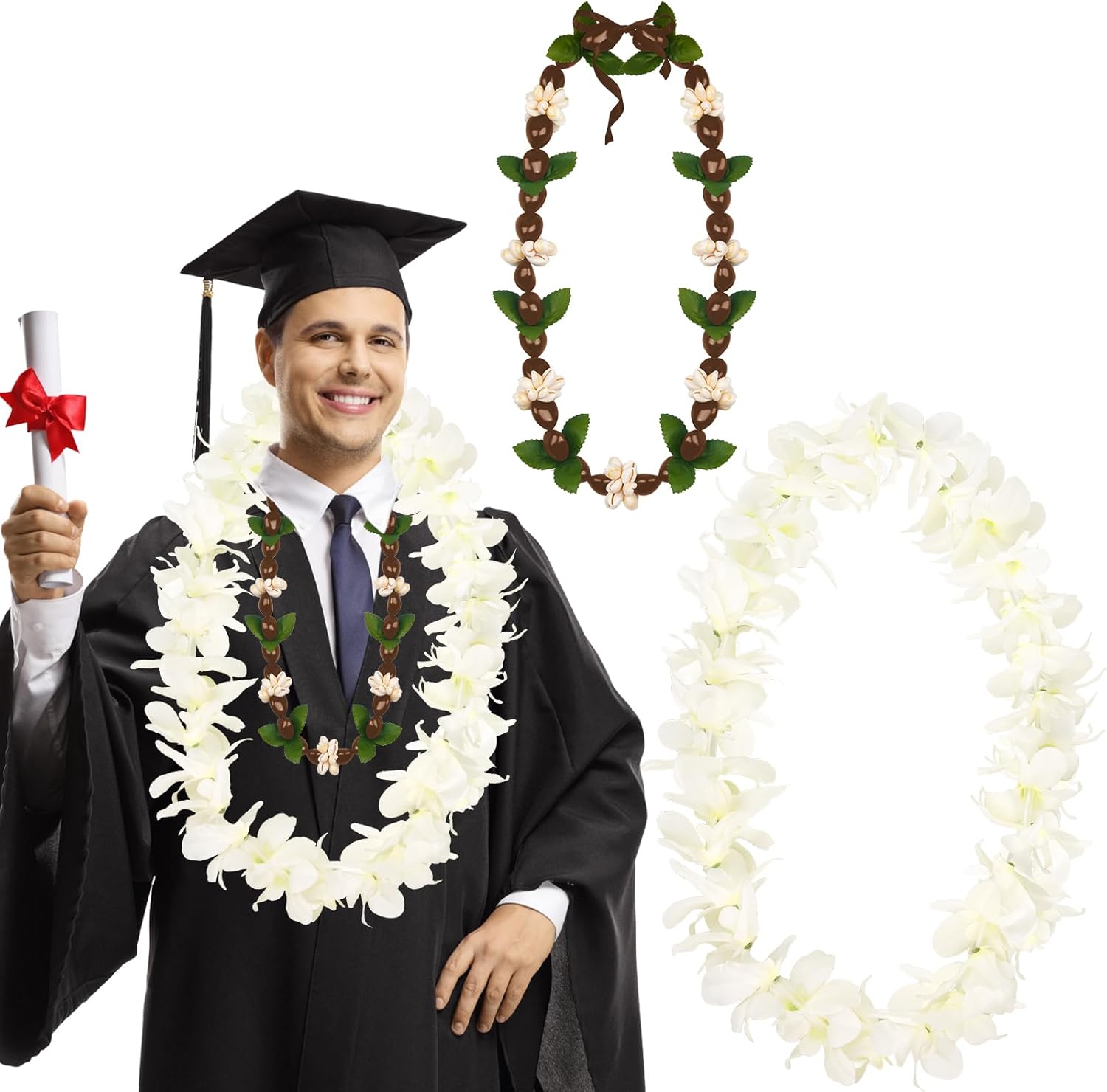2 Pcs White Orchid Lei Hawaiian Luau Lei Graduation Lei Hawaiian Kukui Nut Necklace Artificial Hawaiian Flower Garland for Graduation Party Accessories