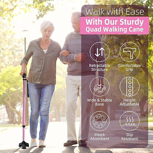 Miniatura 6 de Bastón ajustable para mujer, bastón telescópico de 10 niveles de altura con base giratoria antideslizante de 4 puntas, correa de muñeca, ayuda para