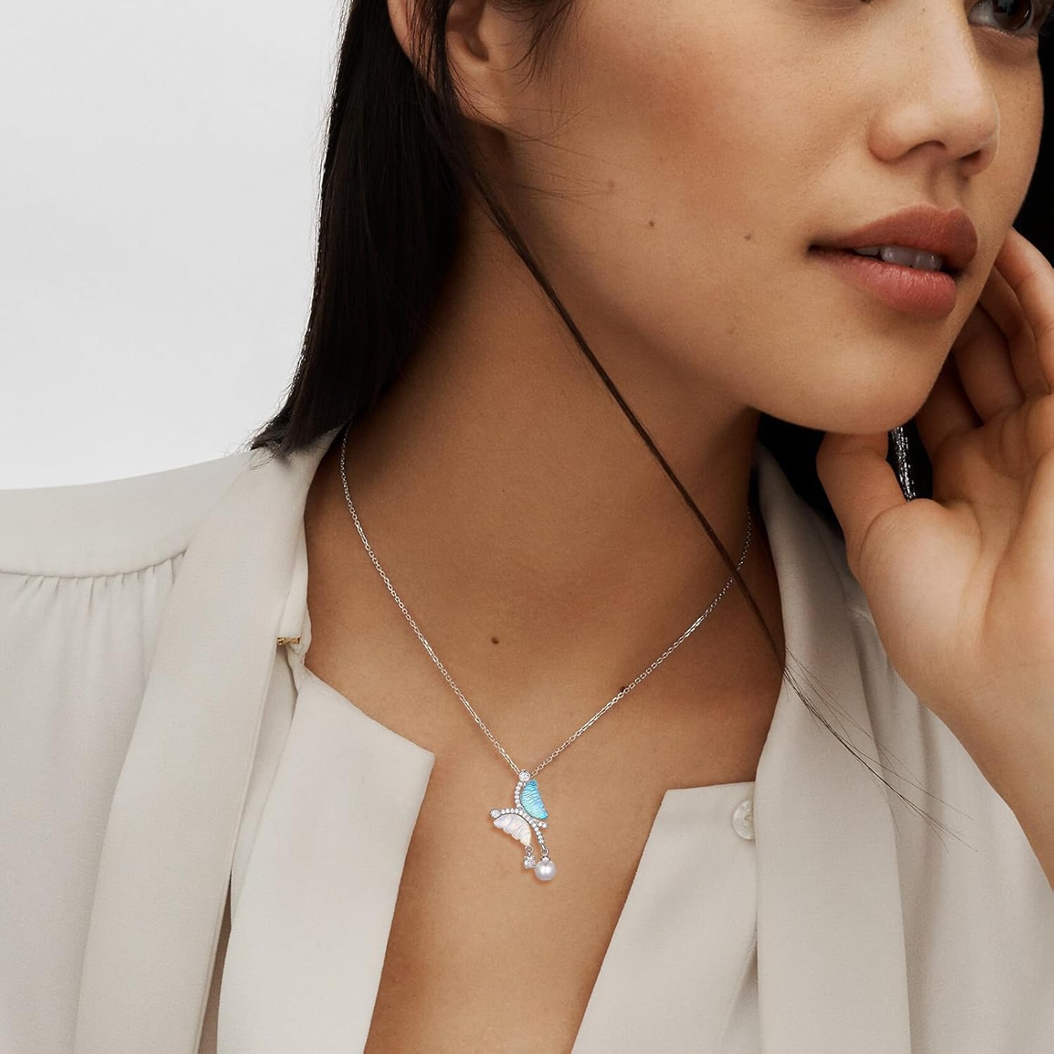Women Elegant Butterfly Pendant Necklace, Crystal Pearl Drop, Blue White Opal, Silver Gold Chain, 15+2 Inches Adjustable - Image 6