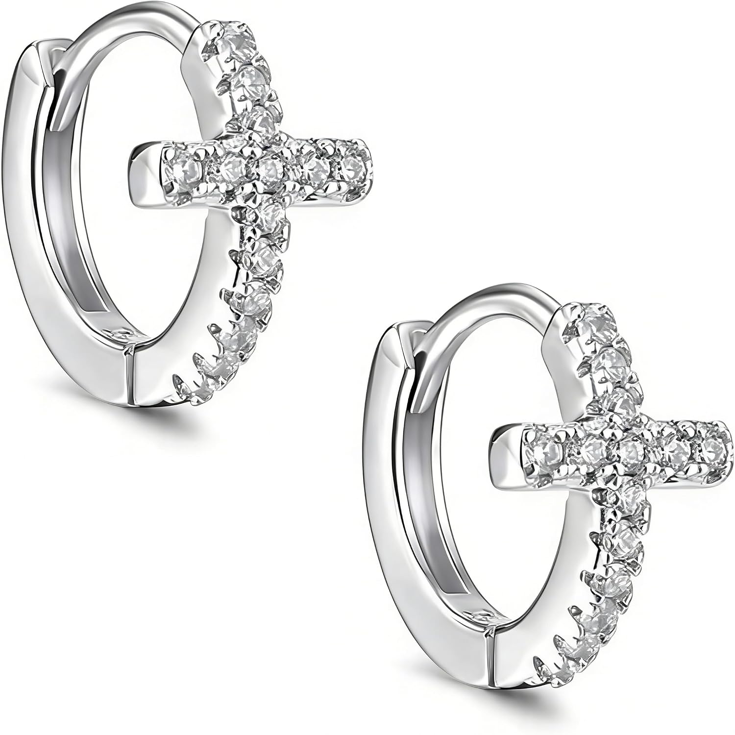 1 Pair Hoop Cross Earrings for Women,Cubic Zirconia Huggie Earrings,Silver Tone Small Cross Huggie Hoop Earrings for Women Men,Minimalist Faith Jewelry Gift (Silver)
