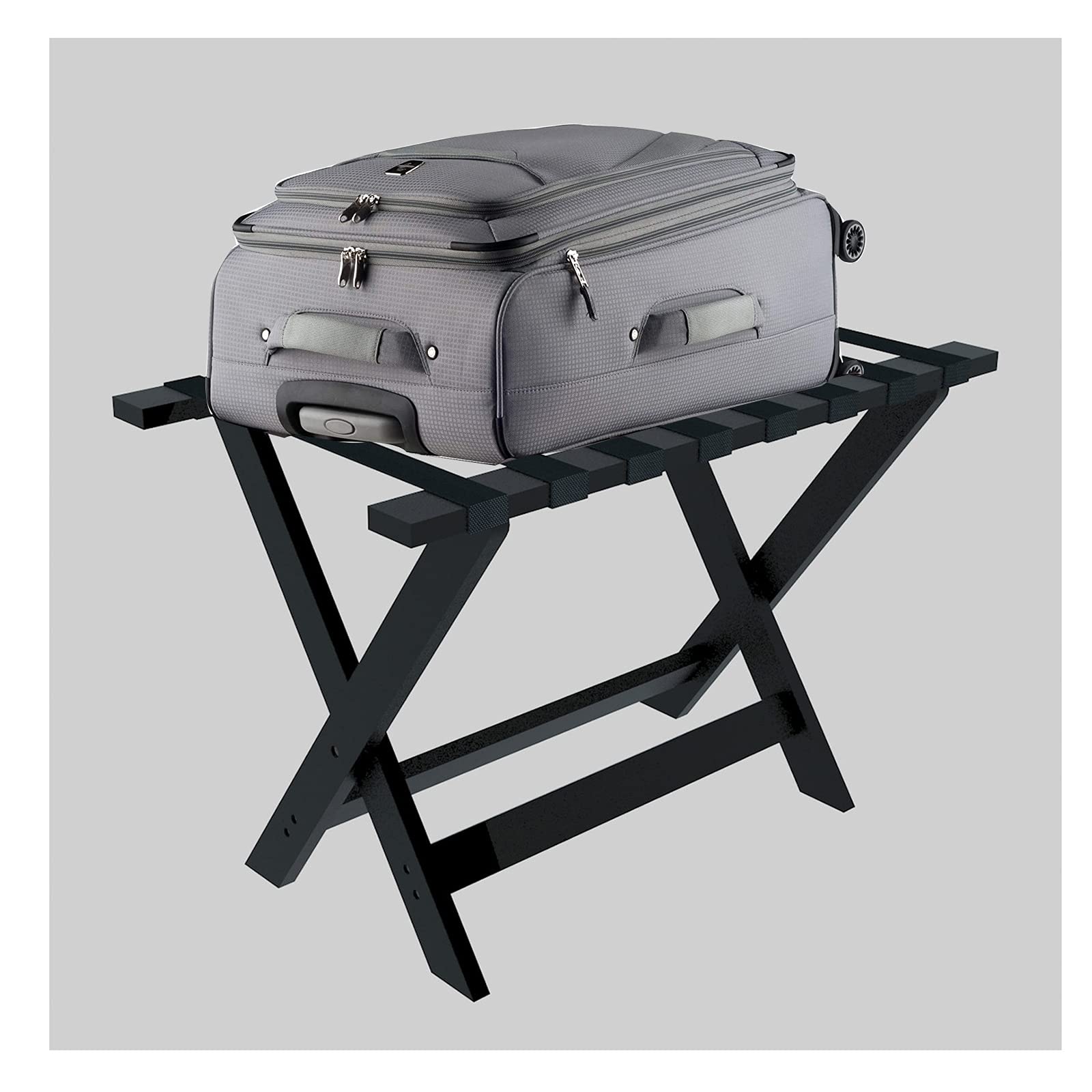 Porte-bagages de chambre pliable en bois noir pour éviter le mal de dos