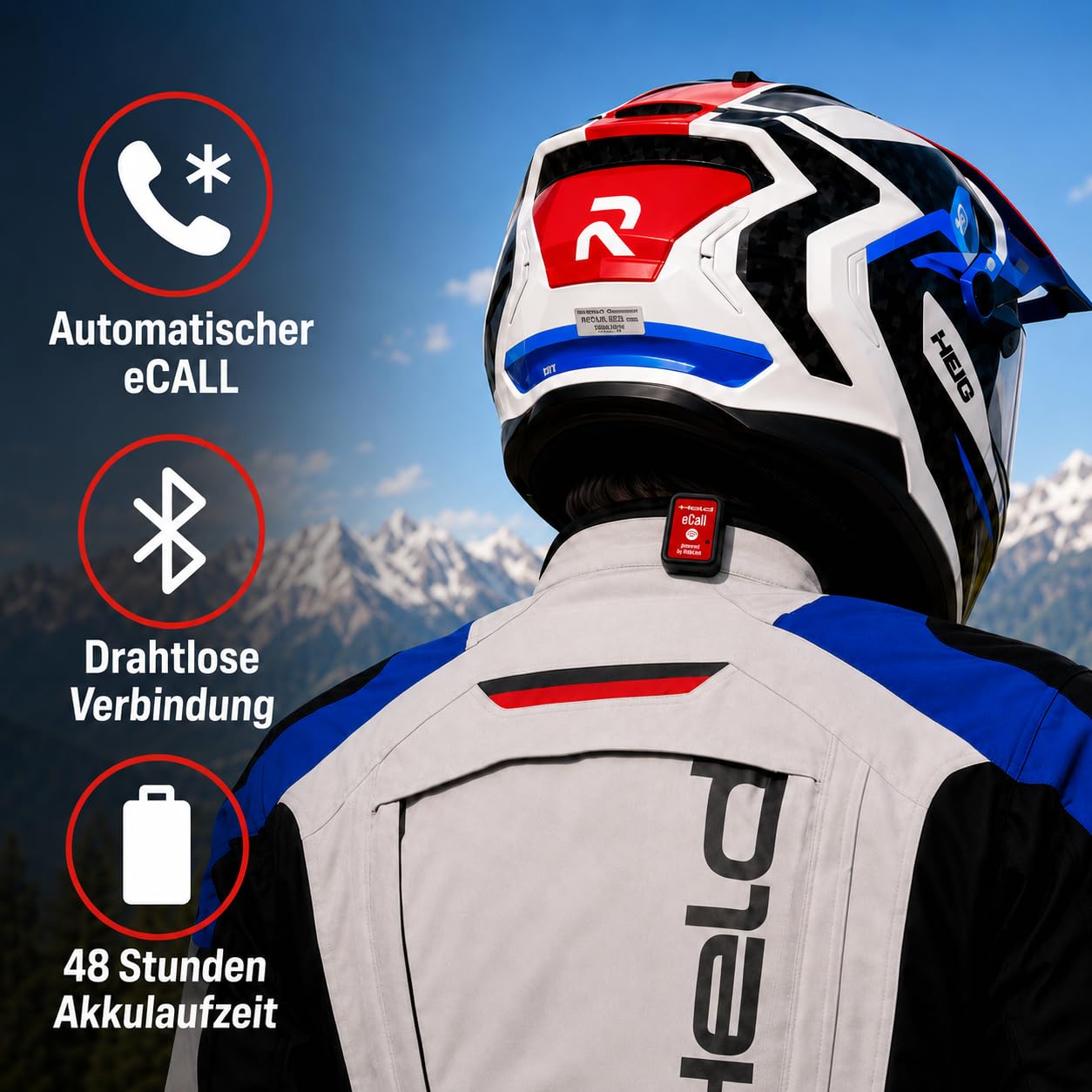 Held eCall Sensor Powered by RideLink para Chaqueta de Moto, Detector automático de Accidentes con detección de caídas, Ayuda rápida en Caso de caída y accidente, Llamada electrónica con aplicación