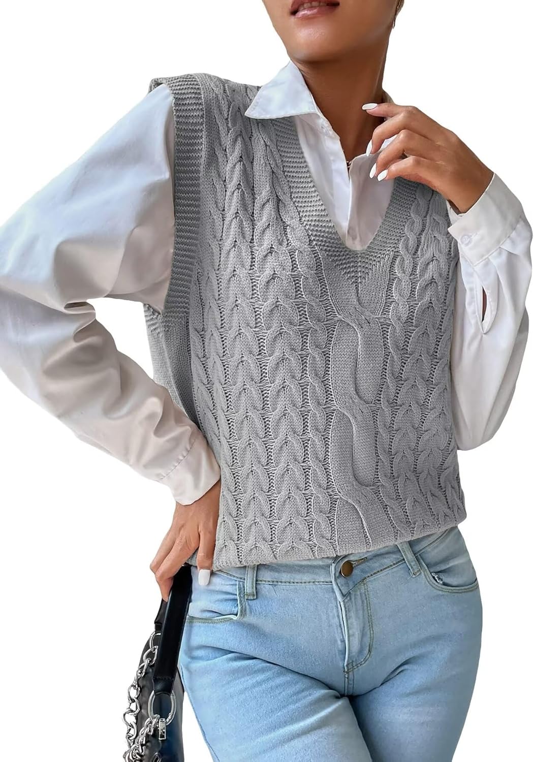 Womens Sweater Vest Cable Knit Casual V Neck Ribbed Preppy Pullover Tops Sleeveless