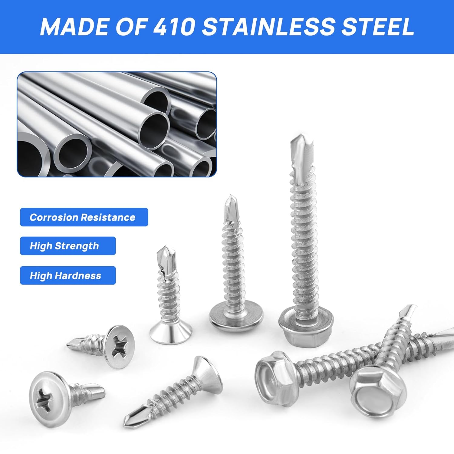 Besitu 430Pcs Self Tapping Screws for Metal, 410 Stainless Steel #8#10 Sheet Metal Screws Assortment, Truss Head & Hex Head & Pan Head Self Drilling Screws, Length 1/2" to 2"