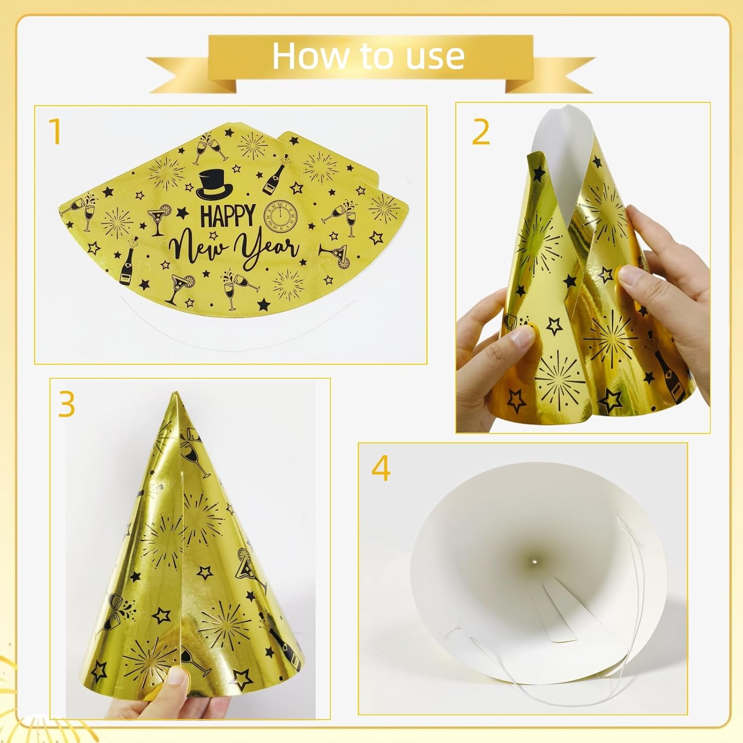YVAINE 12pcs New Years Eve Party Hats, Black Gold Silver Happy New Years 2026 Party NYE Hat Supplies, 2026 New Year's Eve Party Hat Cone, 2026 New Year Eves party Decoration Supplies image 3