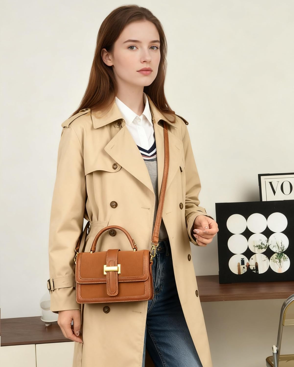 Micmores Mini Crossbody Bag - Faux Suede & Vegan Leather Small Square Purse for Women, Top Handle Shoulder Clutch