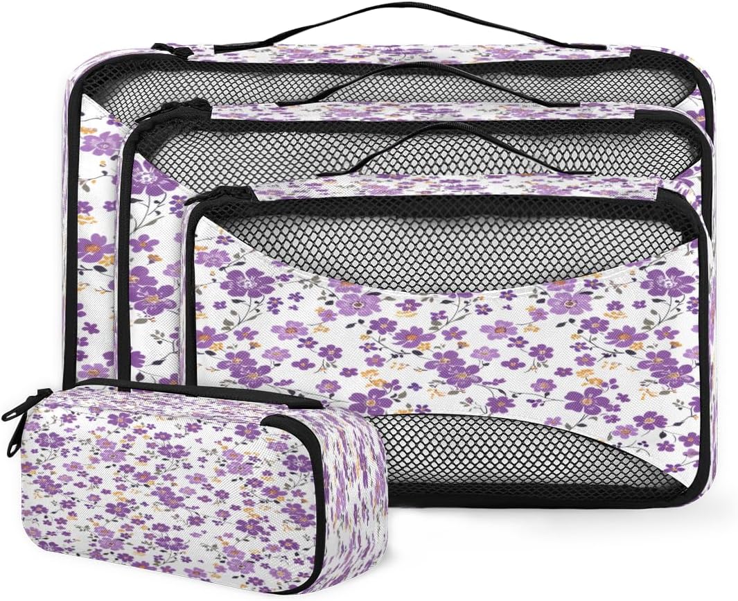 Purple Floral Flowers Print 4 Set Packing Cubes Packing Cubes for Women Lightweight Travel Essential Bag Clothes Carry on Suitcase Bags for Accessories Essentials