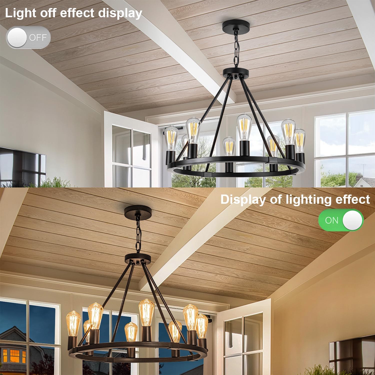 Neatmeat Black Wagon Wheel Chandelier 23 inch,8 Lights Farmhouse Wagon Wheel Chandeliers, Round Industrial Ceiling Light fixtures for Porch High Ceiling Living Dining Room Foyer Entryway,E26
