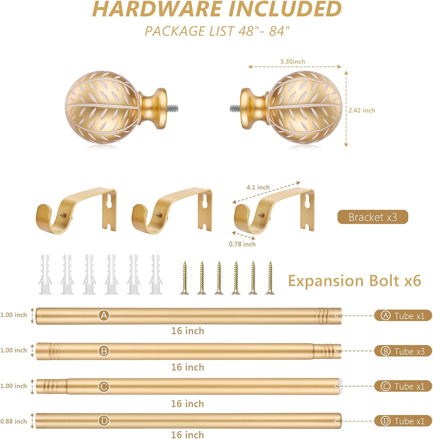 Curtain Rods for Windows 48 to 84 Inch,Gold Curtain Rod 1 Inch Adjustable Drapery Rods with Decorative Finial,Window Treatment Single Curtain Rod Set for Bedroom, Kitchen