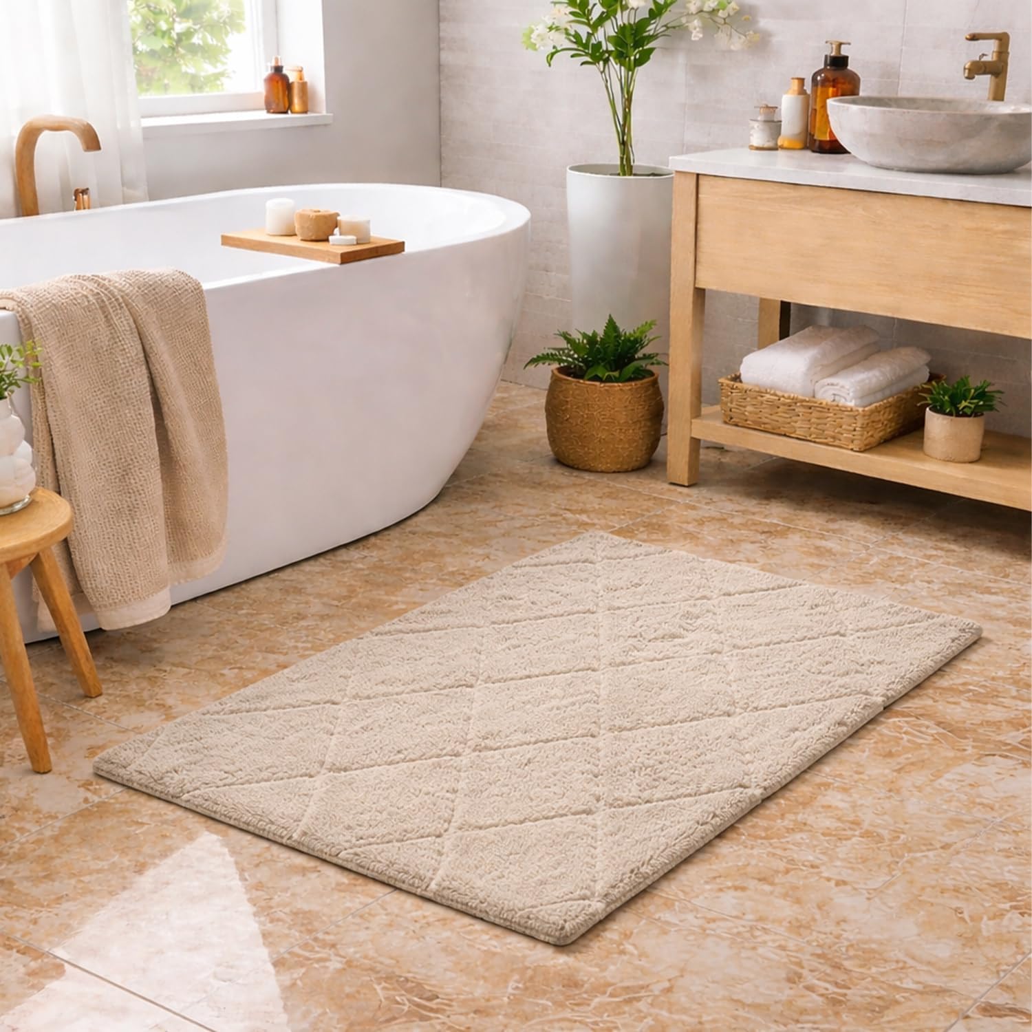 C23 Beige Bathroom Rug 2200 GSM 20"x32"|100% Tufted Cotton|Thick & Plush Bath Mat|Luxury, Heavyweight, Ultra-Absorbent, Quick Dry, Non-Slip Natural Latex Back, Machine Washable Bath Rug, 1 Pack