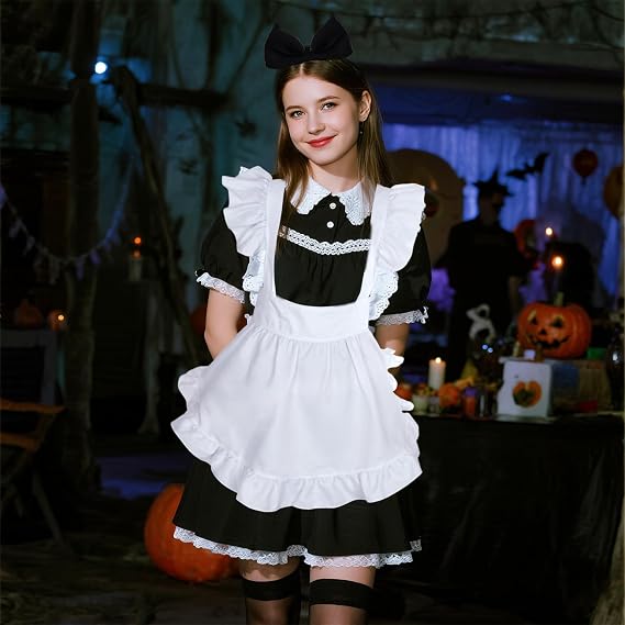2pcs Maid Costume Including Ruffle Maid Apron Bow Headband for Cottagecore Halloween Cosplay Party