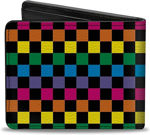 Miniatura 2 de Buckle-Down Billetera para hombre, plegable, a cuadros, color negro neón arcoíris, cuero vegano, multicolor, 4.0 x 3.5 pulgadas, Multi, Buckle-down