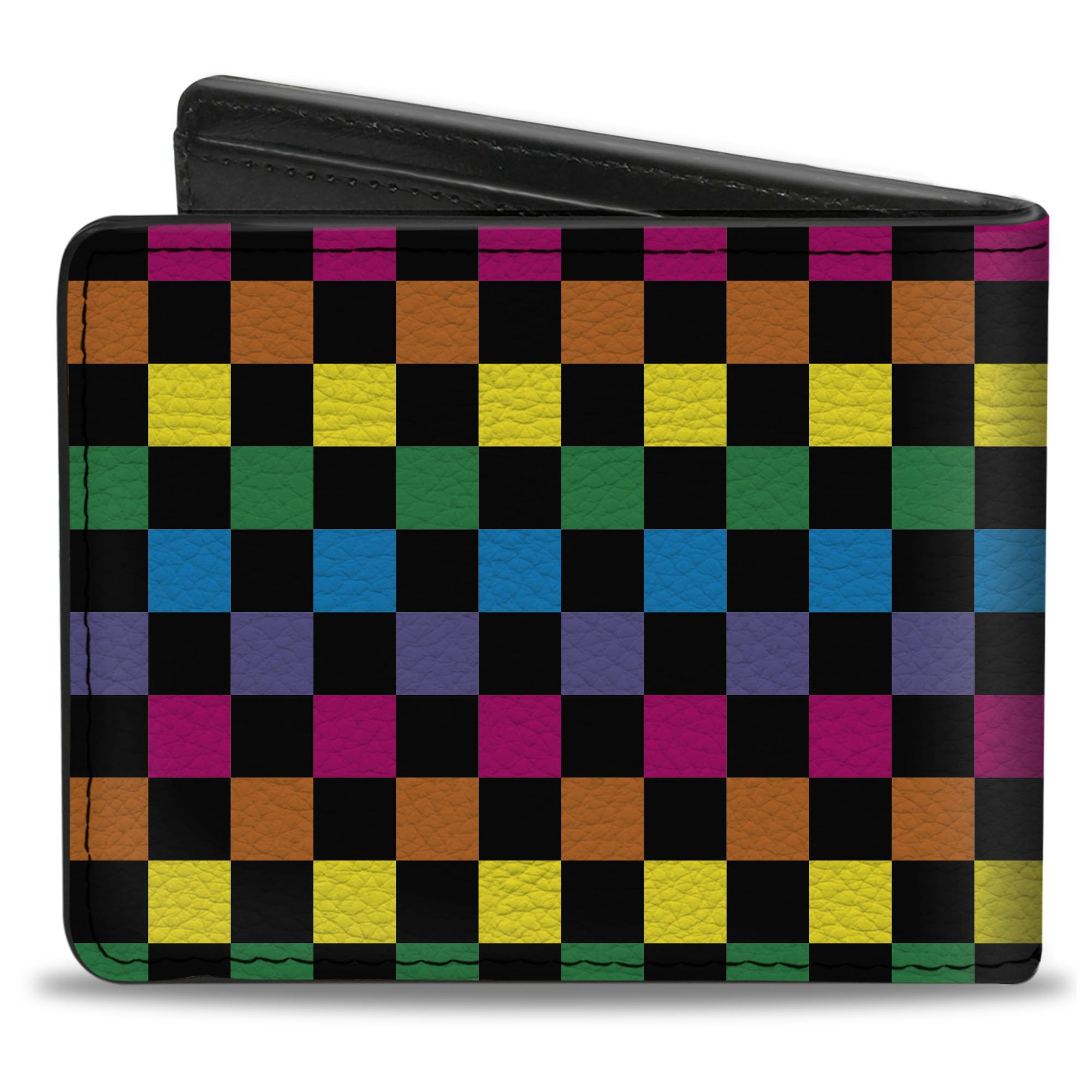 Buckle-Down Men's Wallet, Bifold, Checker Black Neon Rainbow, Vegan Leather, Multi, 4.0